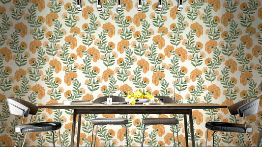 The image shows a repeating pattern of bright, tangerine flowering branches.

