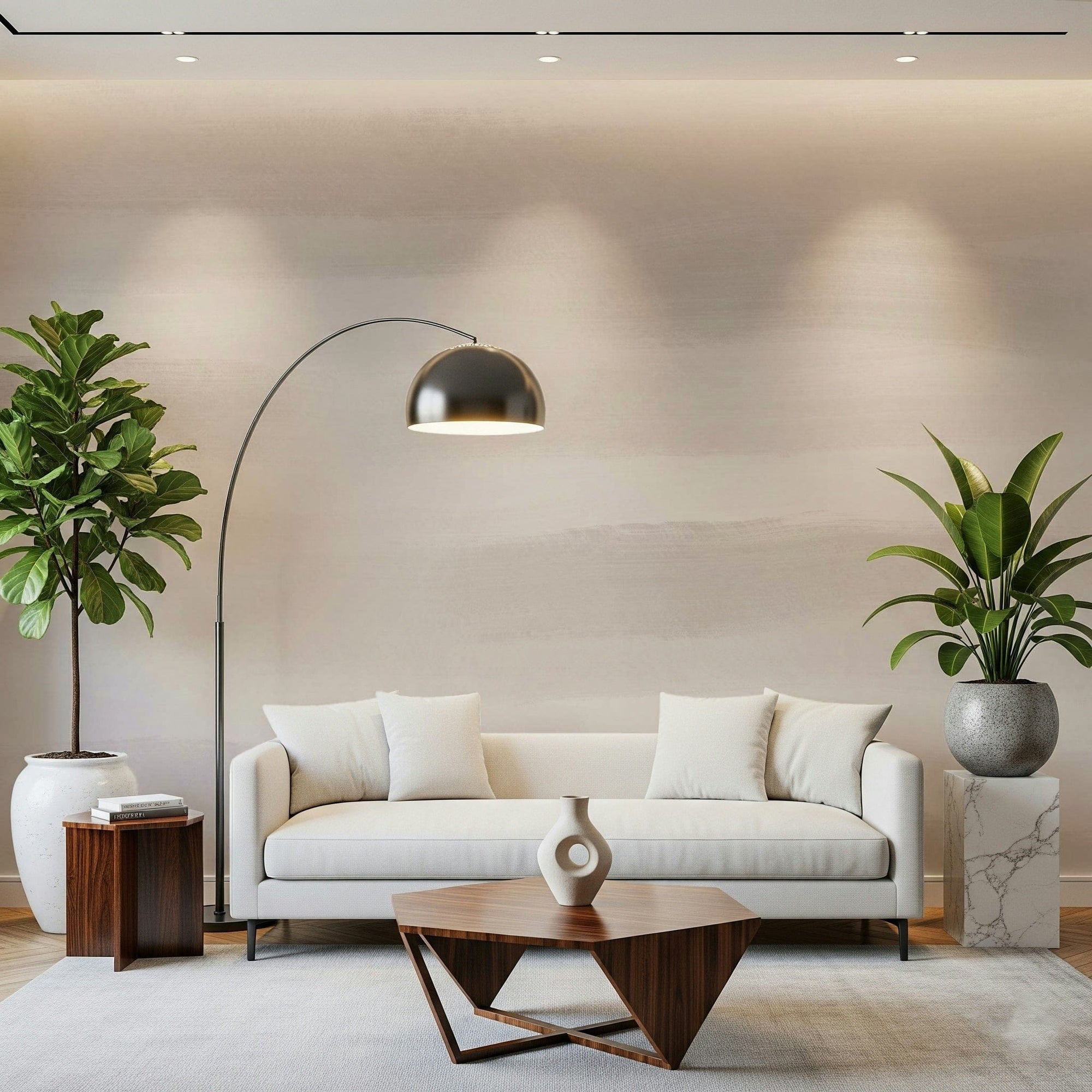 Soft Taupe Brushstrokes wallpaper mural of taupe brushed washes behind a cream sofa and walnut coffee table in a living room