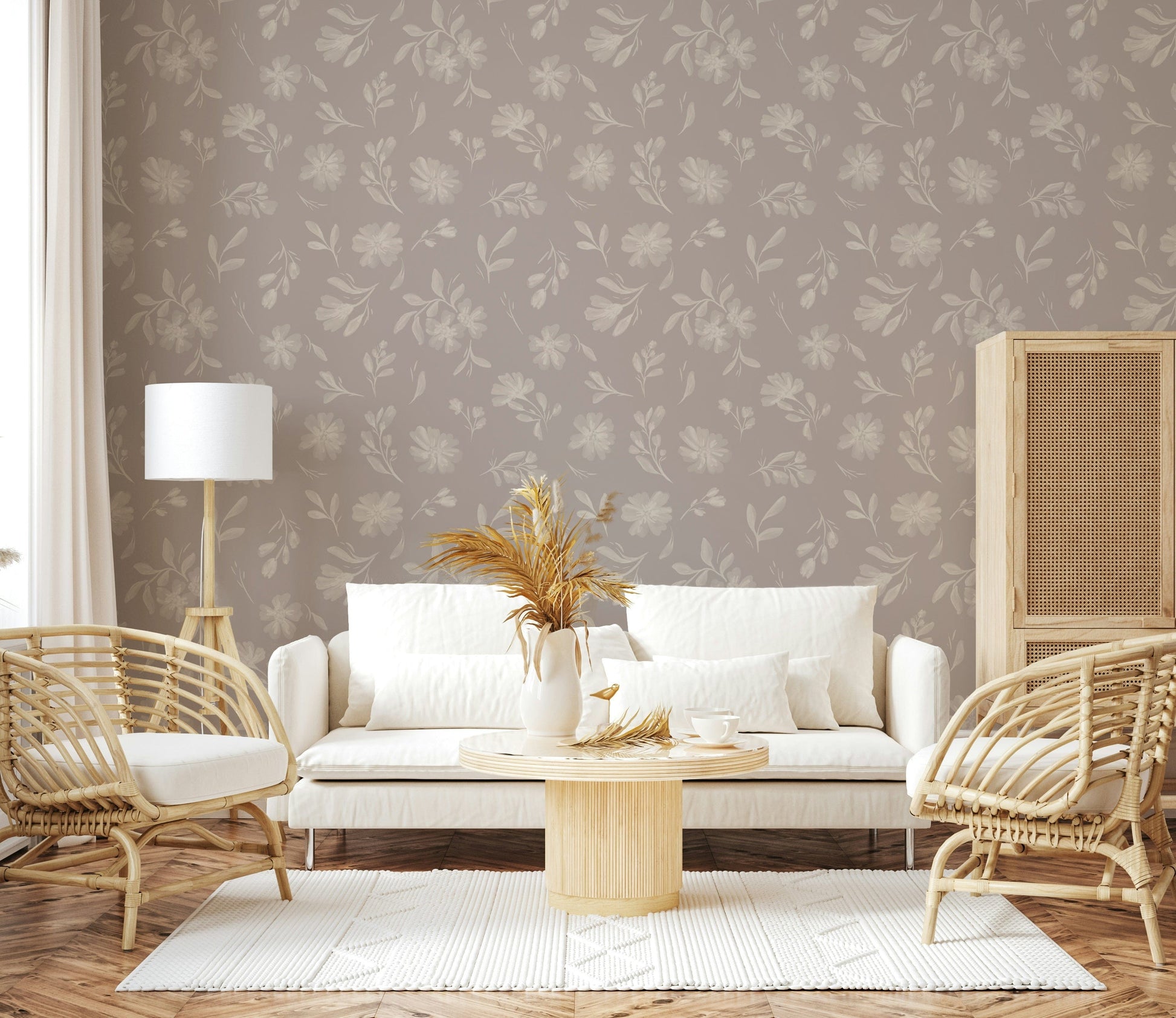 Soft Taupe Flora organic leaf wallpaper for walls