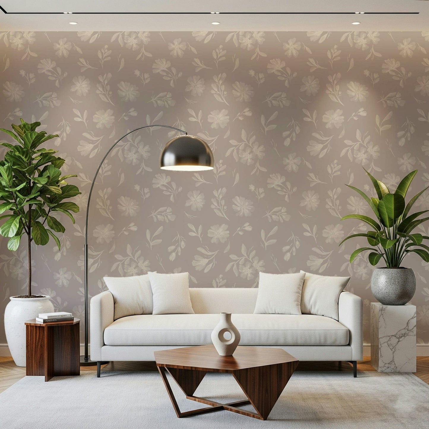 Shabby chic Soft Taupe Flora wall mural pattern