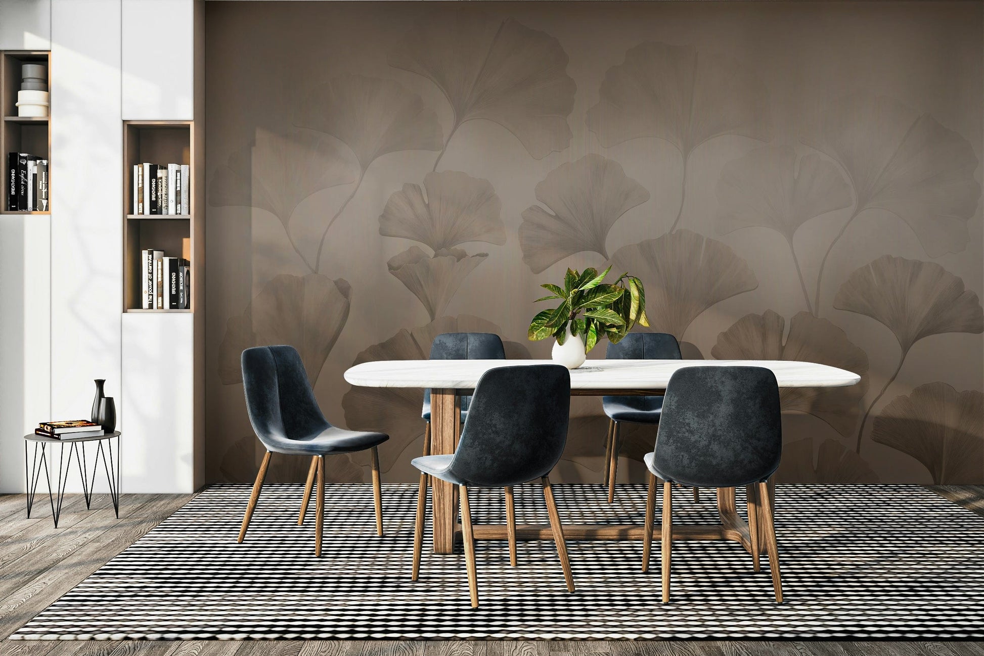 The design features soft, layered shadows of ginkgo leaves.