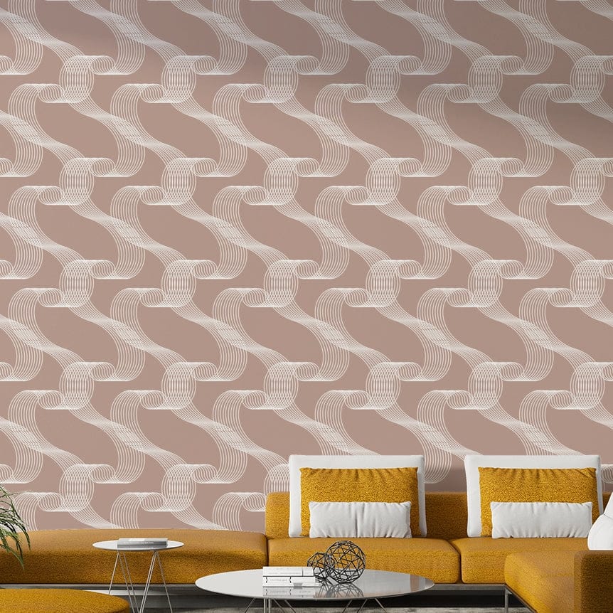 An angled shot of a wall with abstract wavy wallpaper

