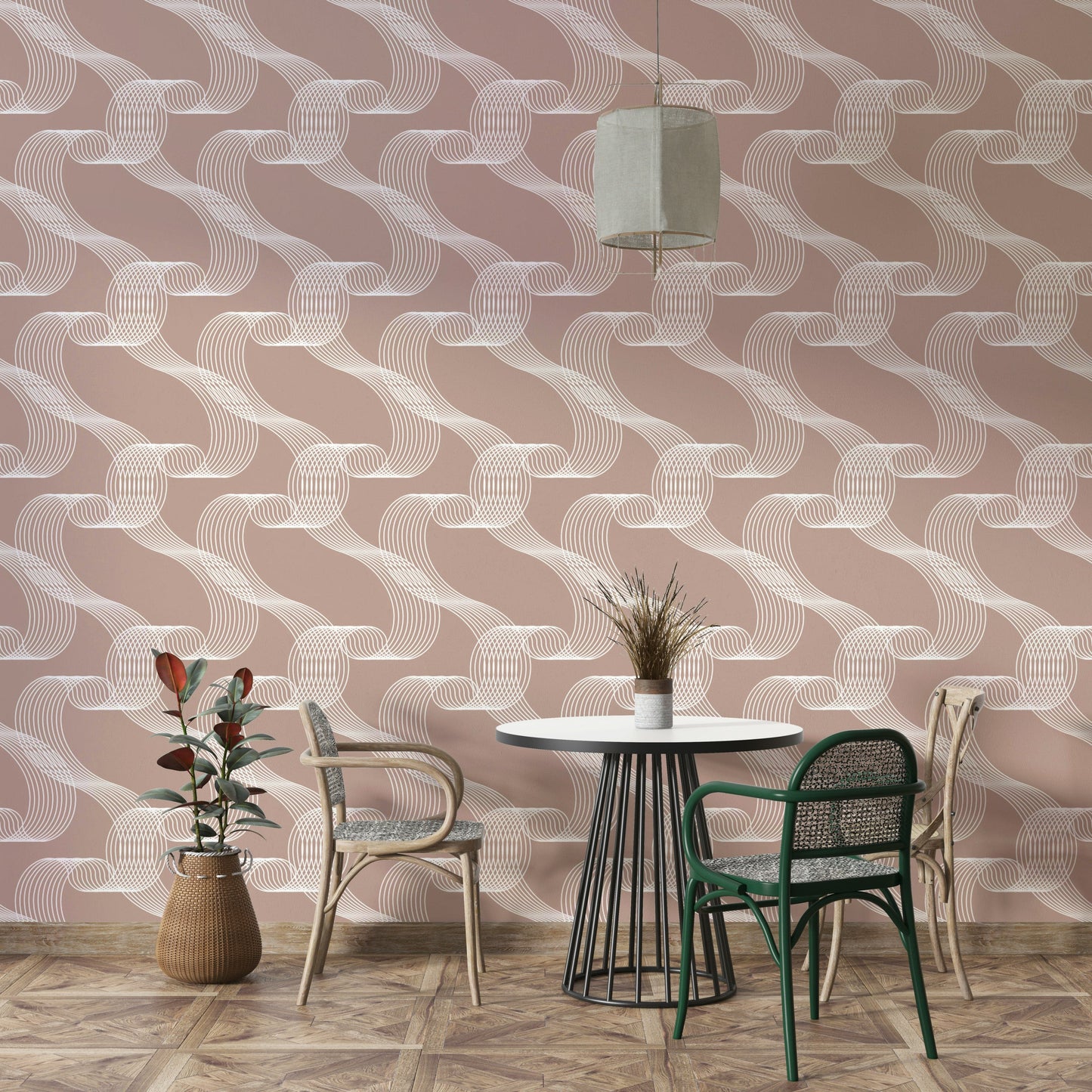 A studio decorated with a bright wavy wallpaper

