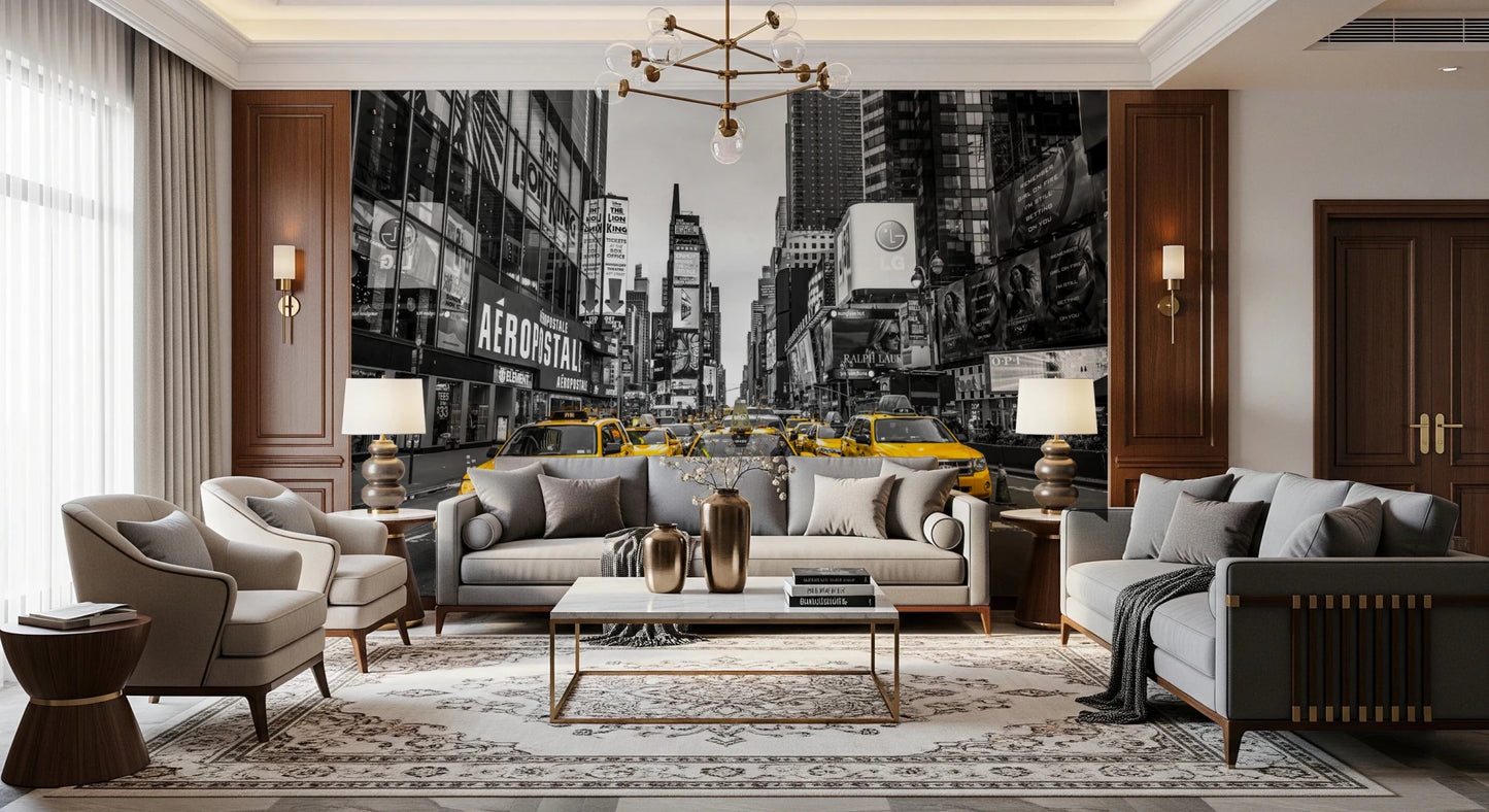 Taxi Rush Hour wallpaper mural of yellow cabs in Times Square behind a grey sofa and chandelier in a classic living room