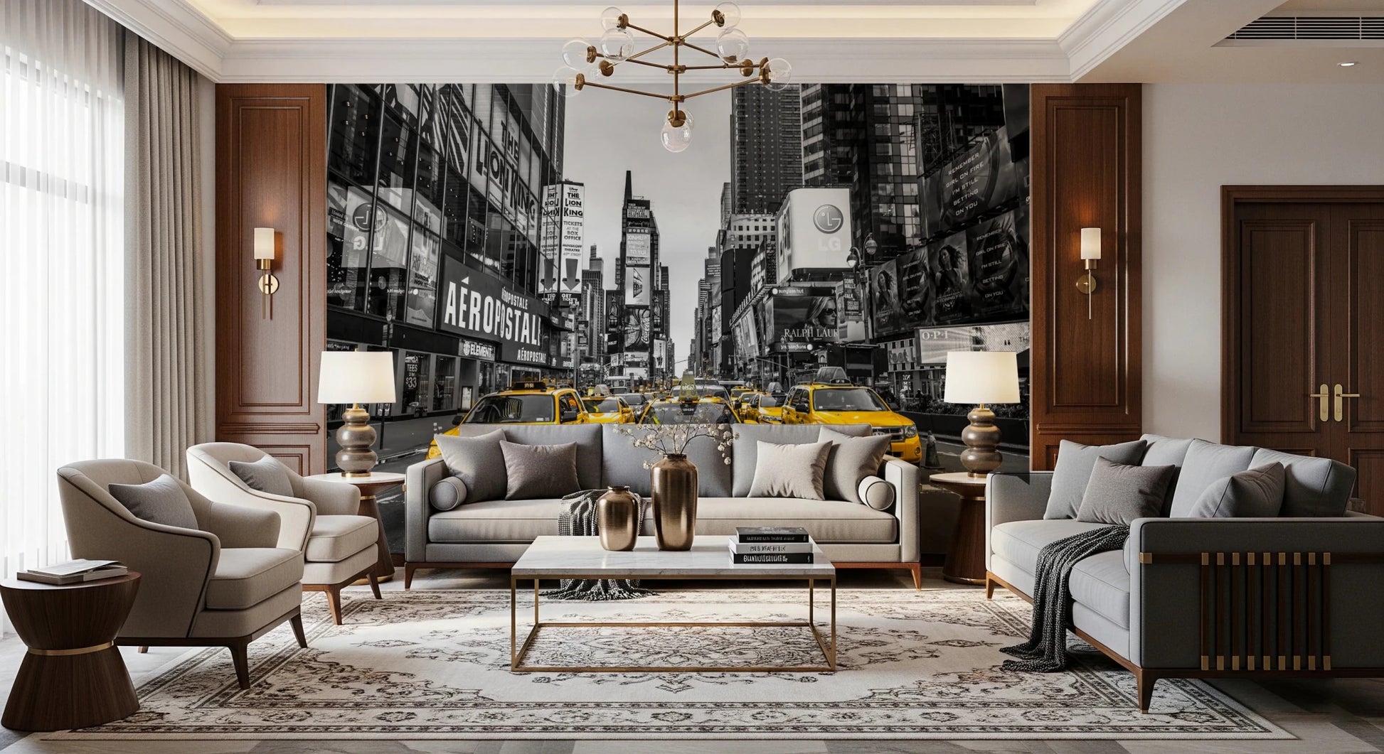 Taxi Rush Hour wallpaper mural of yellow cabs in Times Square behind a grey sofa and chandelier in a classic living room