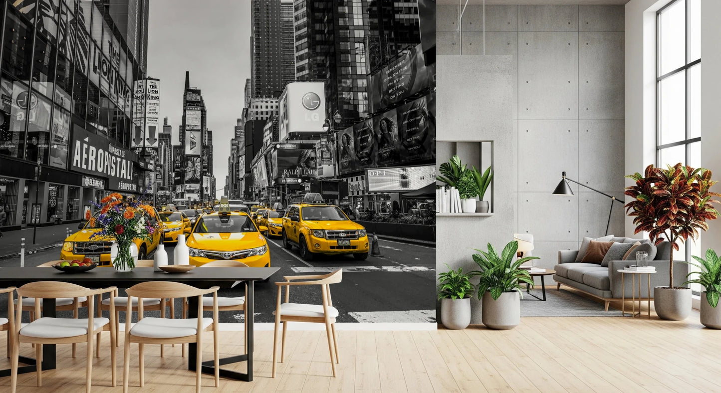 Taxi Rush Hour wallpaper mural of yellow taxis in monochrome New York behind a black dining table and wood chairs
