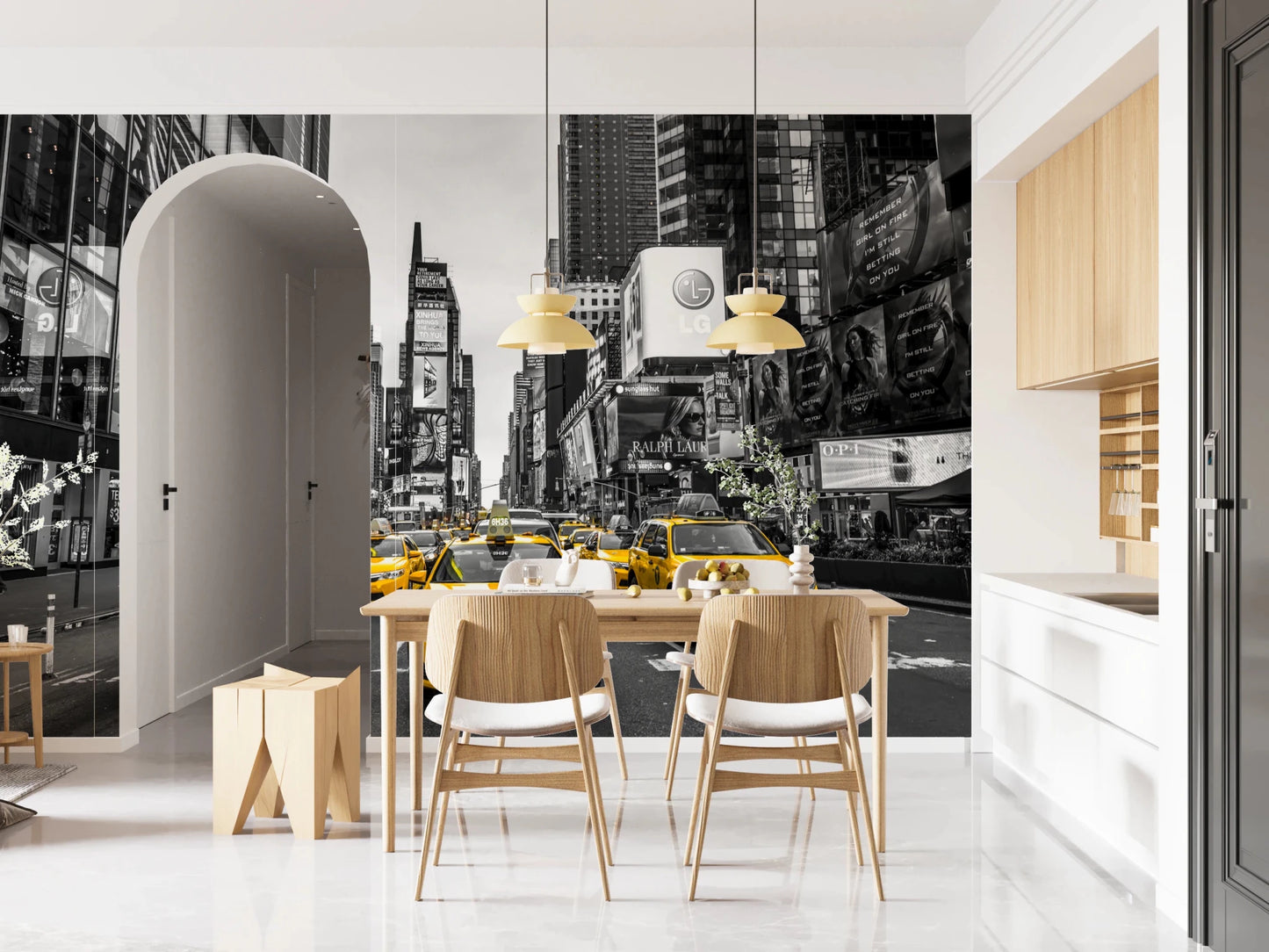 Taxi Rush Hour wallpaper mural of yellow taxis in New York behind a wood dining table and cane chairs