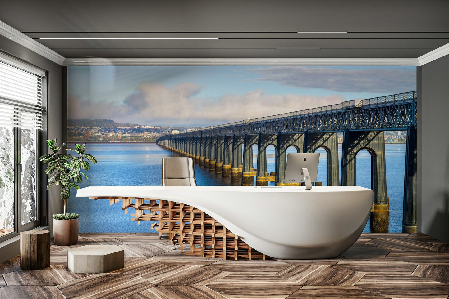 A calming structural design wallpaper mural that defines a space.

