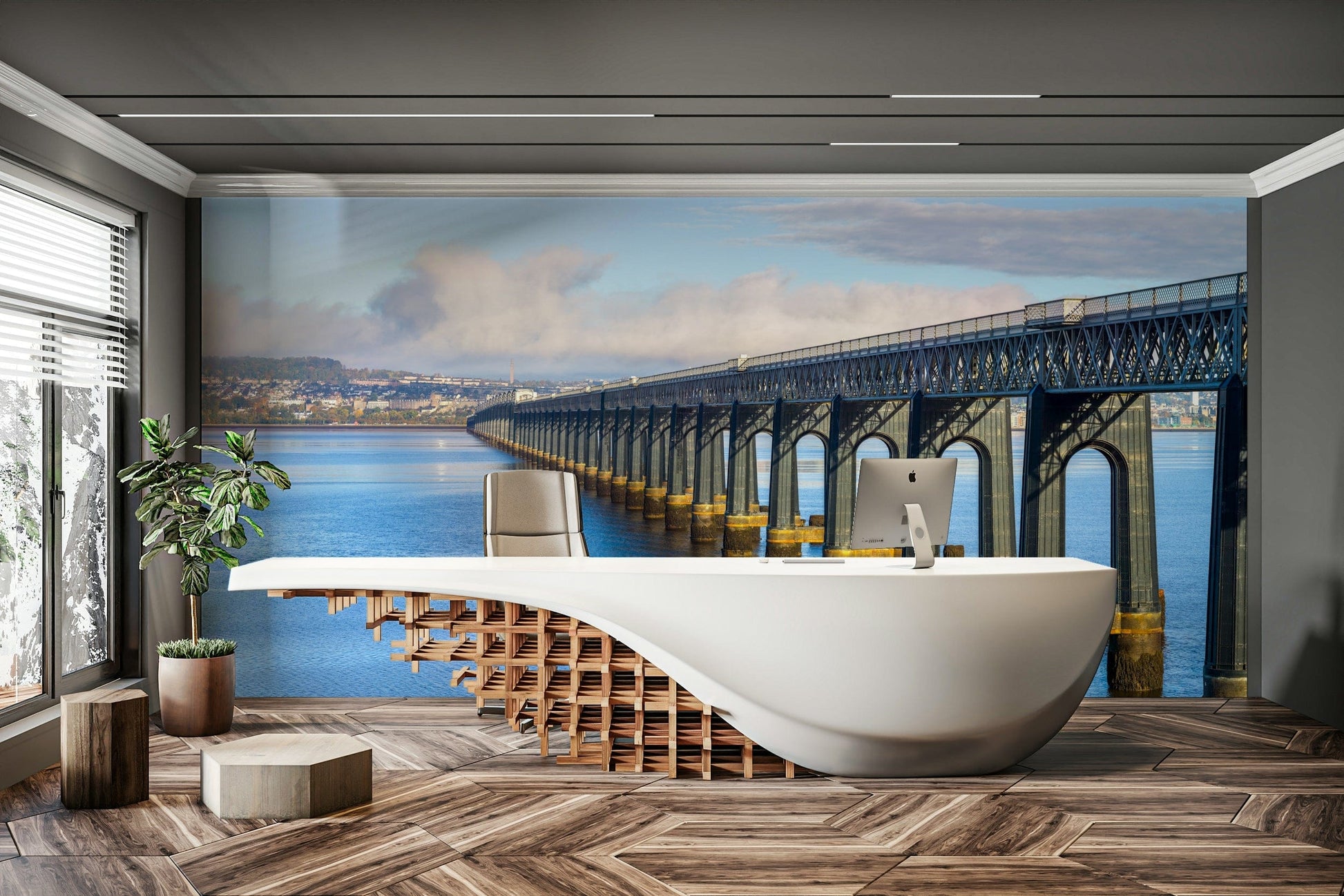A calming structural design wallpaper mural that defines a space.

