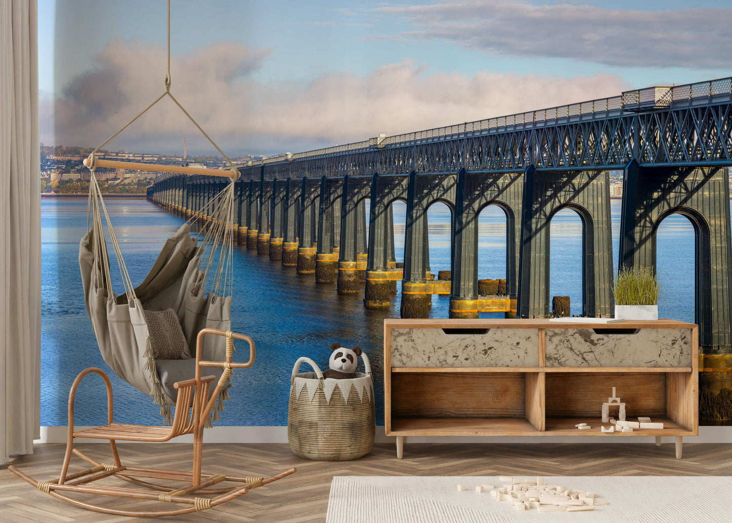 An artistic architectural mural on minimalist wallpaper.

