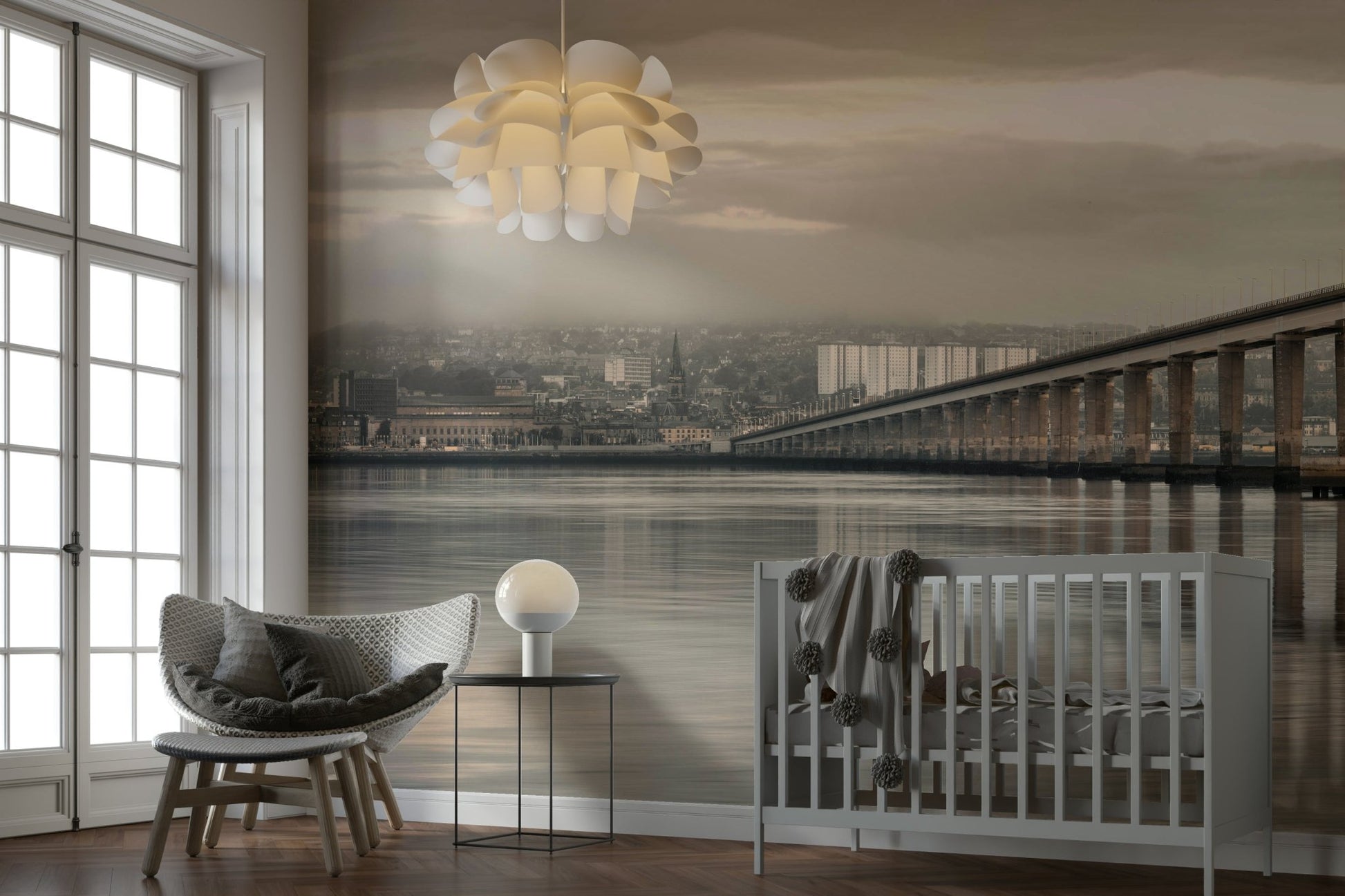 Soft sepia-toned mural of Tay River and bridge

