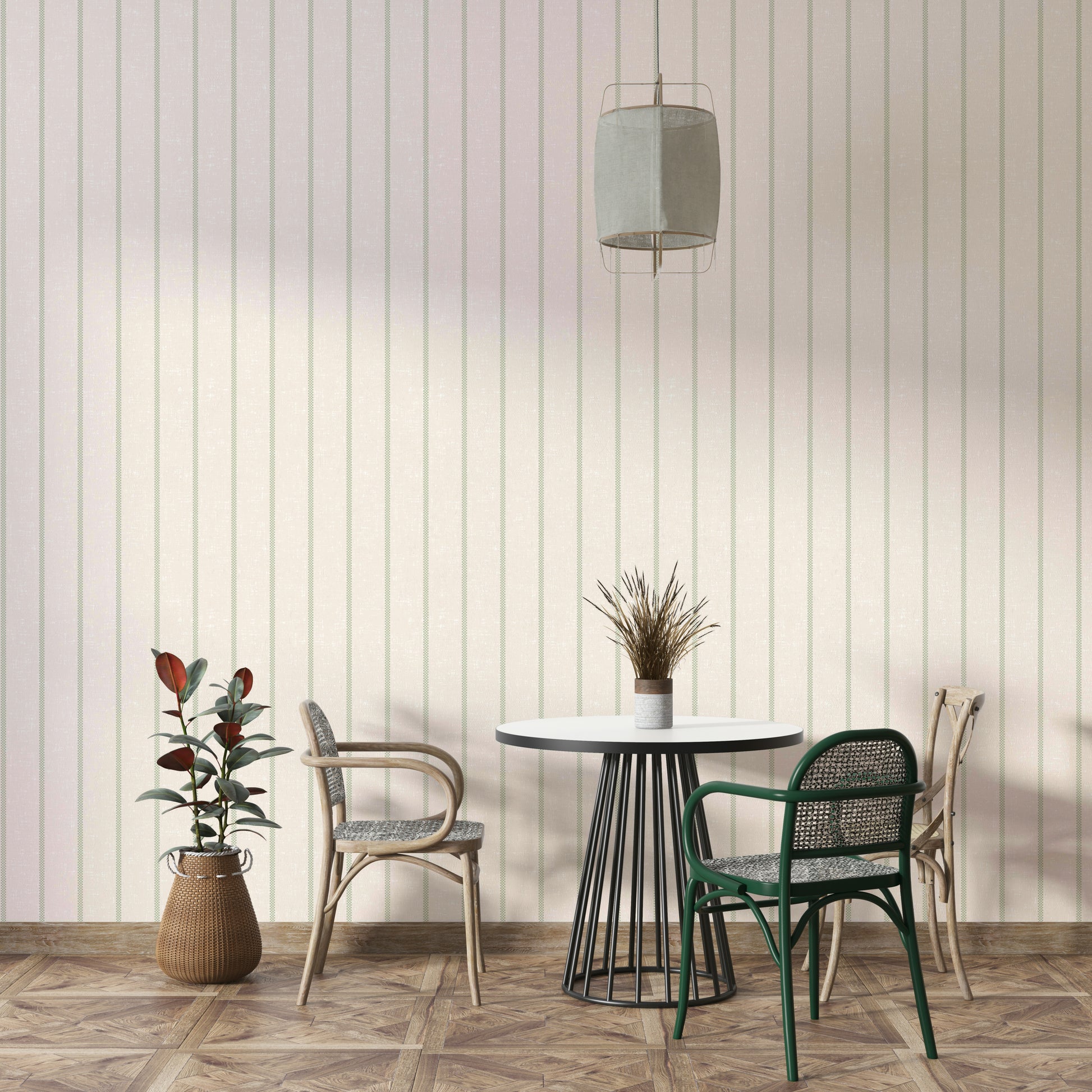 Farmhouse-style wallpaper with green stripes

