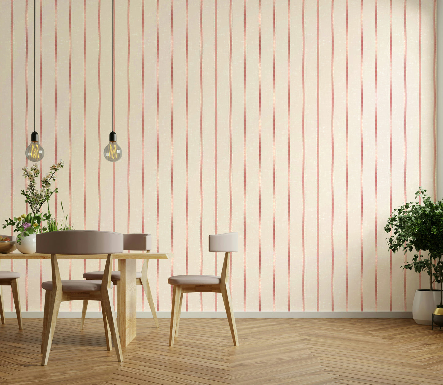 Tea towel style red wallpaper with minimalist lines

