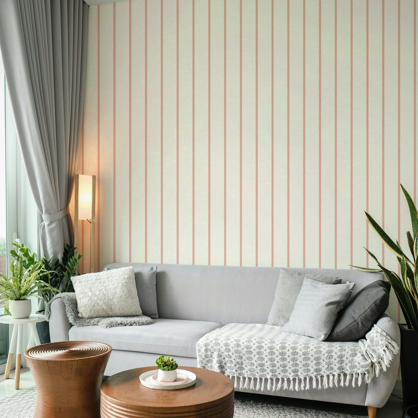Vertical red lines on white wallpaper background

