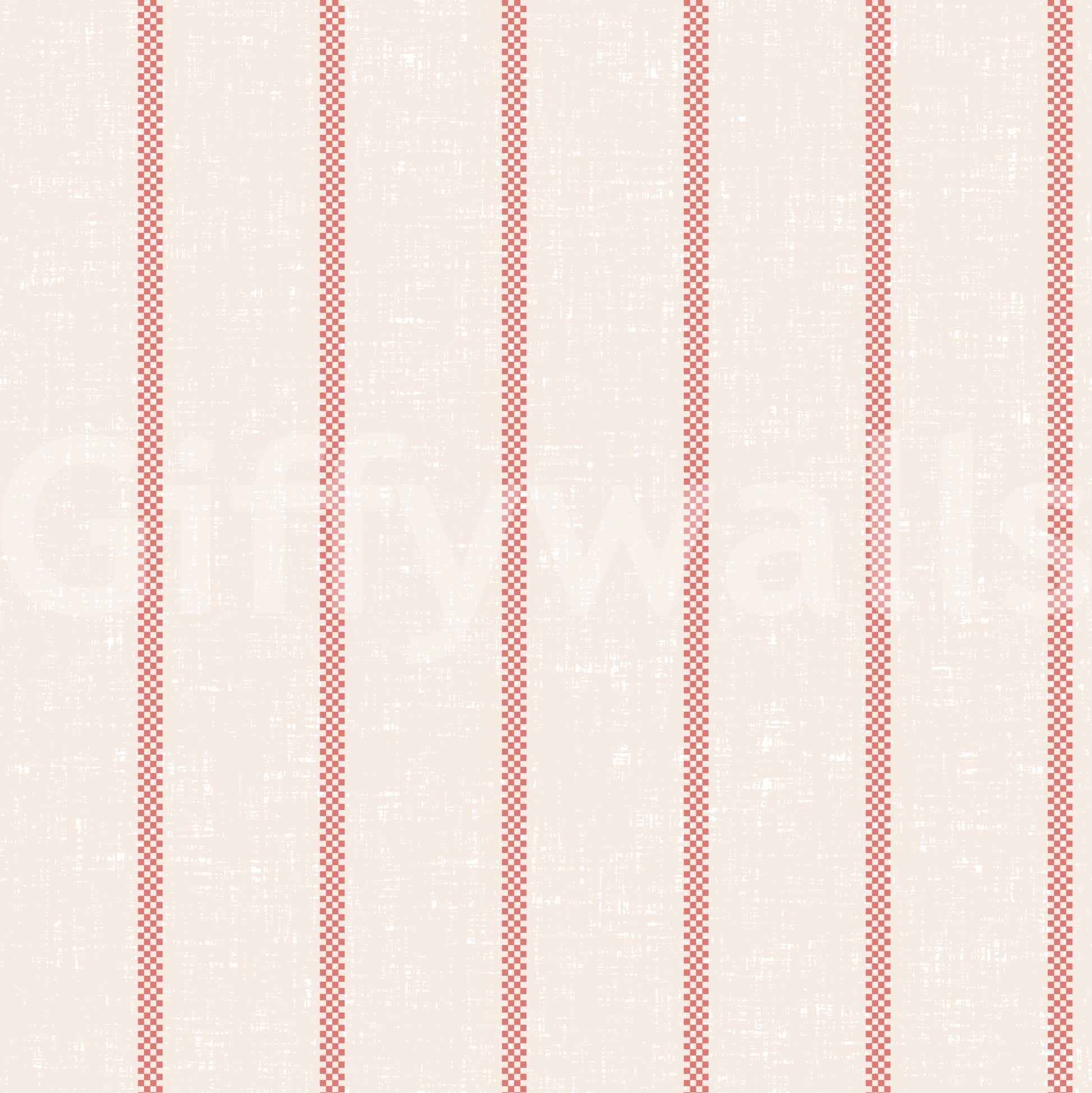 Tea Towel Stripe red wallpaper with thin red gingham pinstripes on a cream woven linen background
