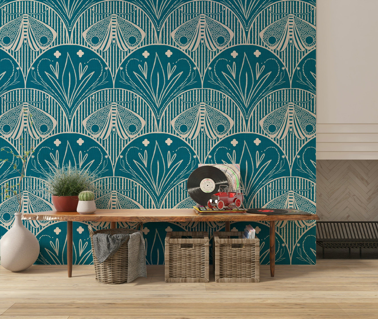 Vibrant Boho Art Nouveau wall mural elegant insect design bold backdrop.