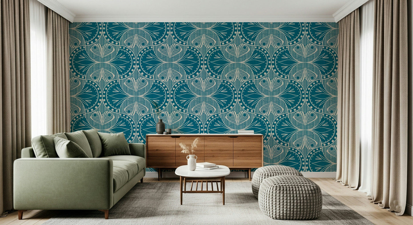 Stylized moth pattern wall mural, rich aquamarine hue, decorative print.