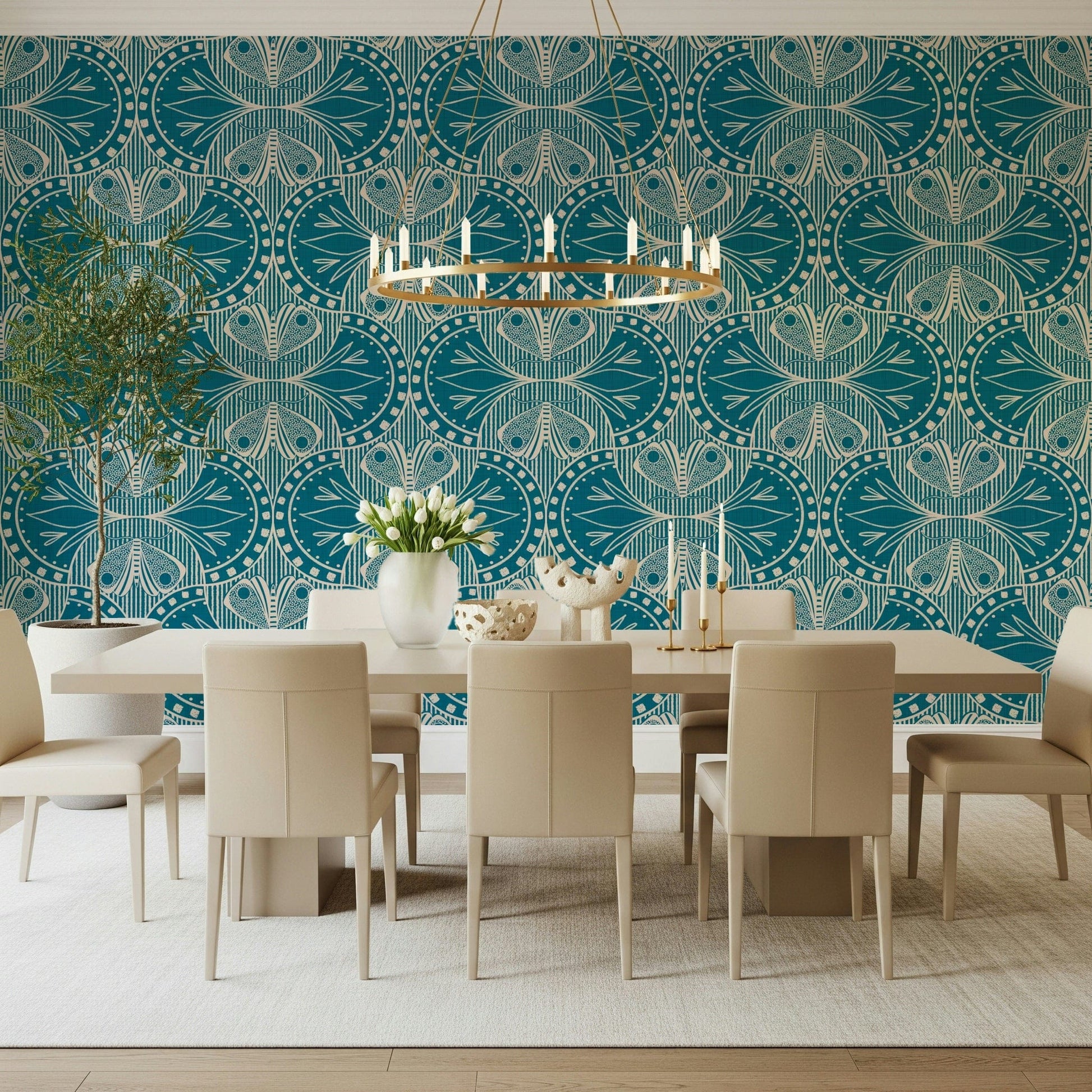 Art Nouveau Butterfly Floral Teal Blue, swirling botanical forms wall covering.