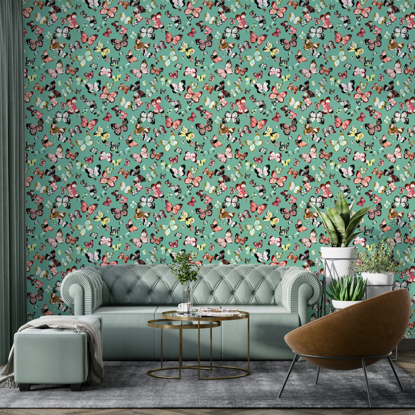 Flying Butterflies Colorful Teal Coral Wallpaper⁠