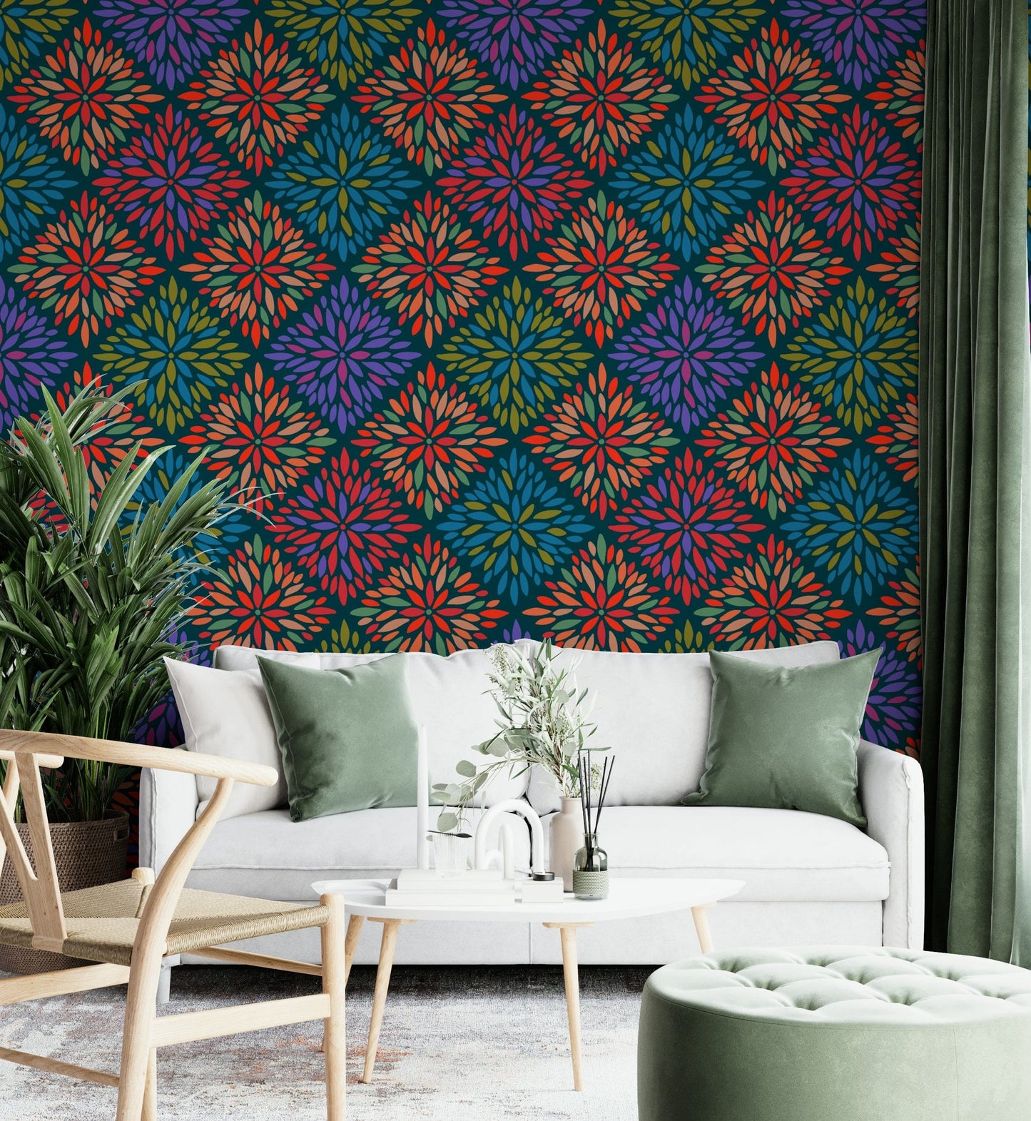 The wall art combines floral and geometric patterns.

