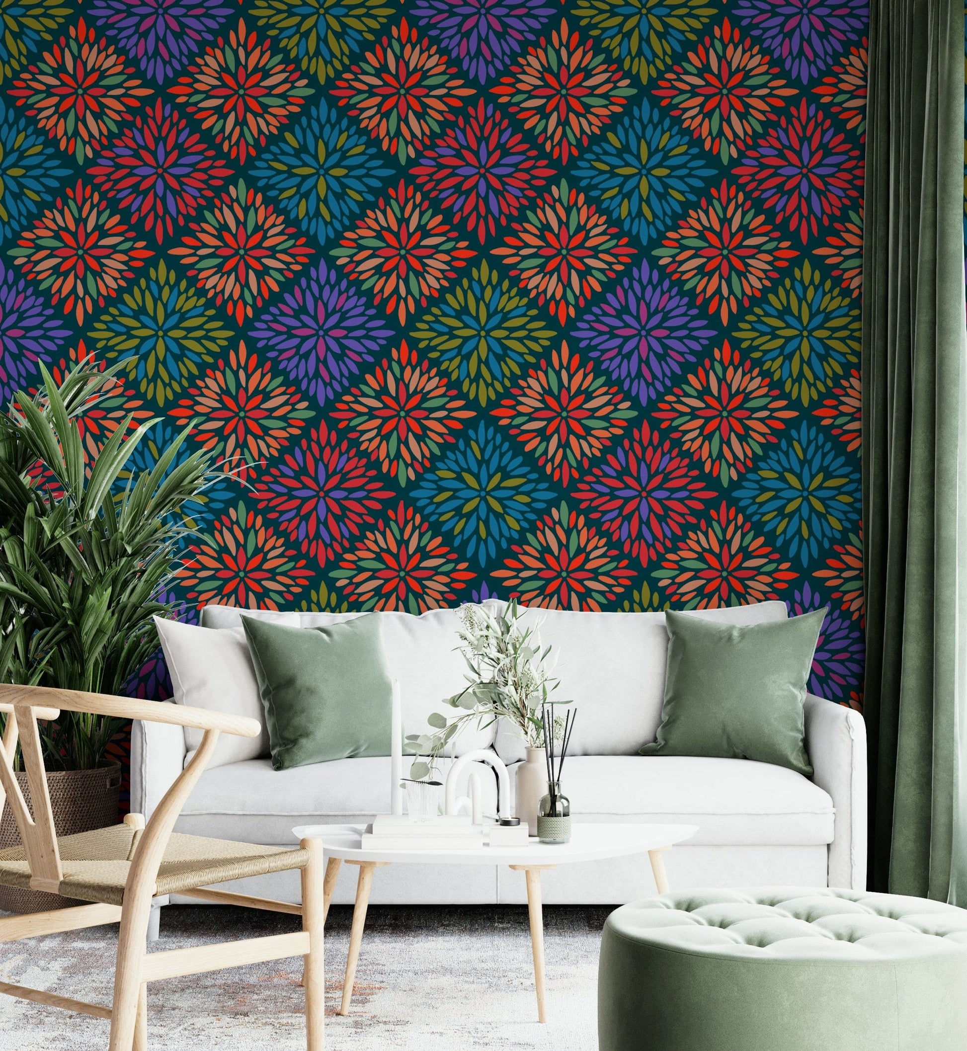 The wall art combines floral and geometric patterns.

