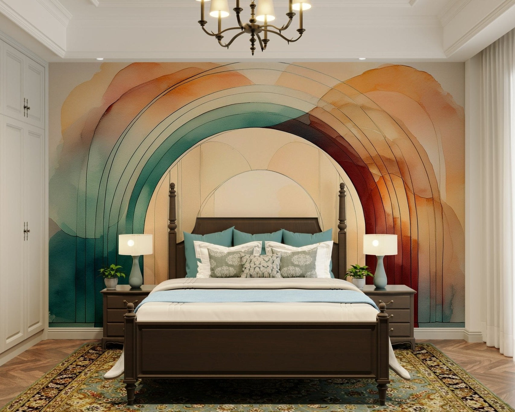 Teal Dream Arches 2 Wall Mural featuring elegant teal arches.


