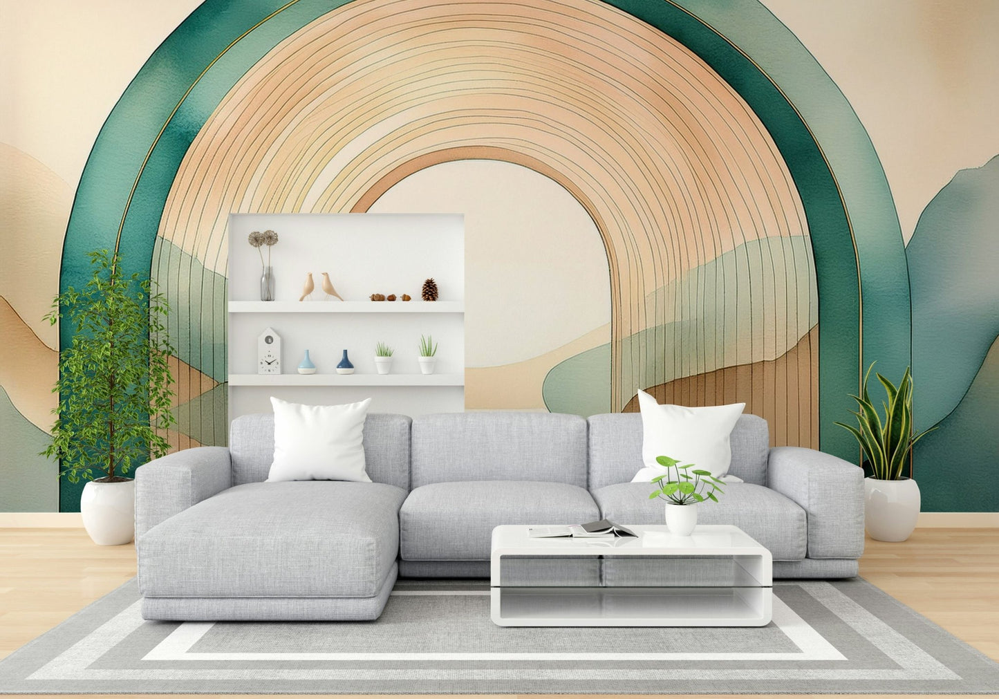 Soft teal tones in Teal Dream Arches wall mural for a serene room.

