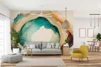 Soft teal hues creating a peaceful cave atmosphere in wall mural.

