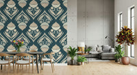 Teal wallpaper featuring rhythmic rows of abstract floral shapes and decorative pods.