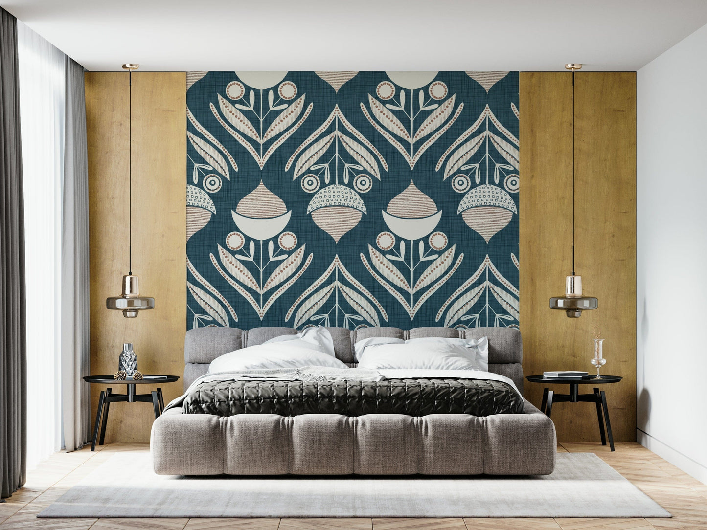 Geometric botanical artwork with layered leaves and circular blooms in soft neutral tones.