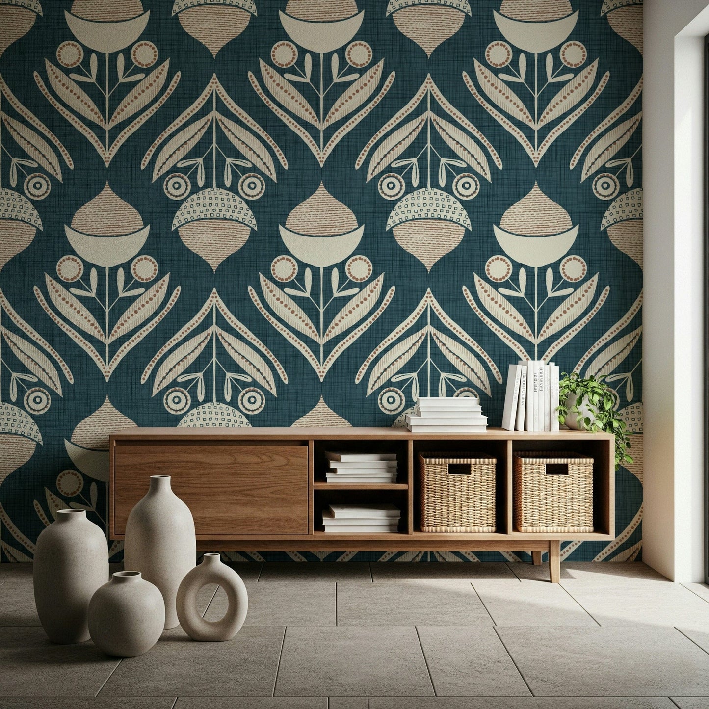 Repeating floral design with abstract seed pods and rounded buds set against textured teal