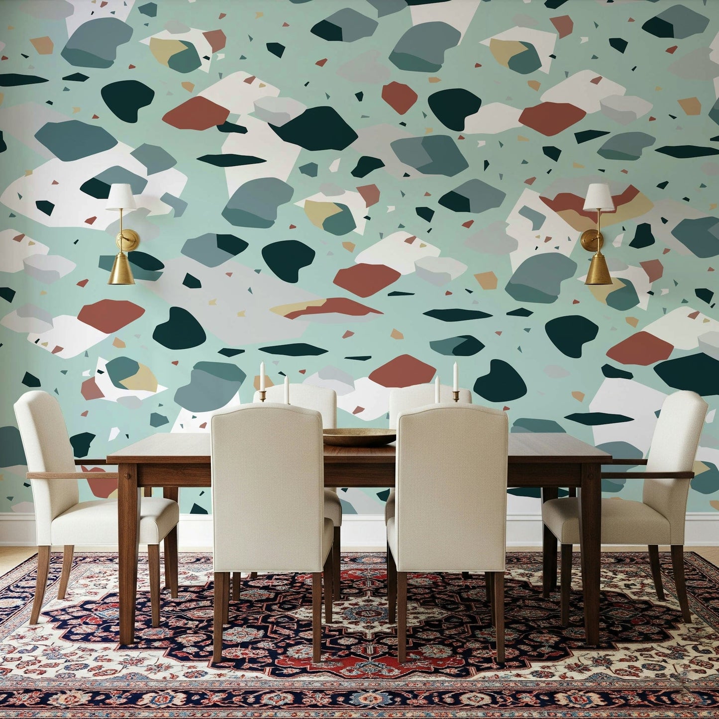 A peaceful modern abstract mural on decorative wallpaper.