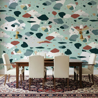 A peaceful modern abstract mural on decorative wallpaper.