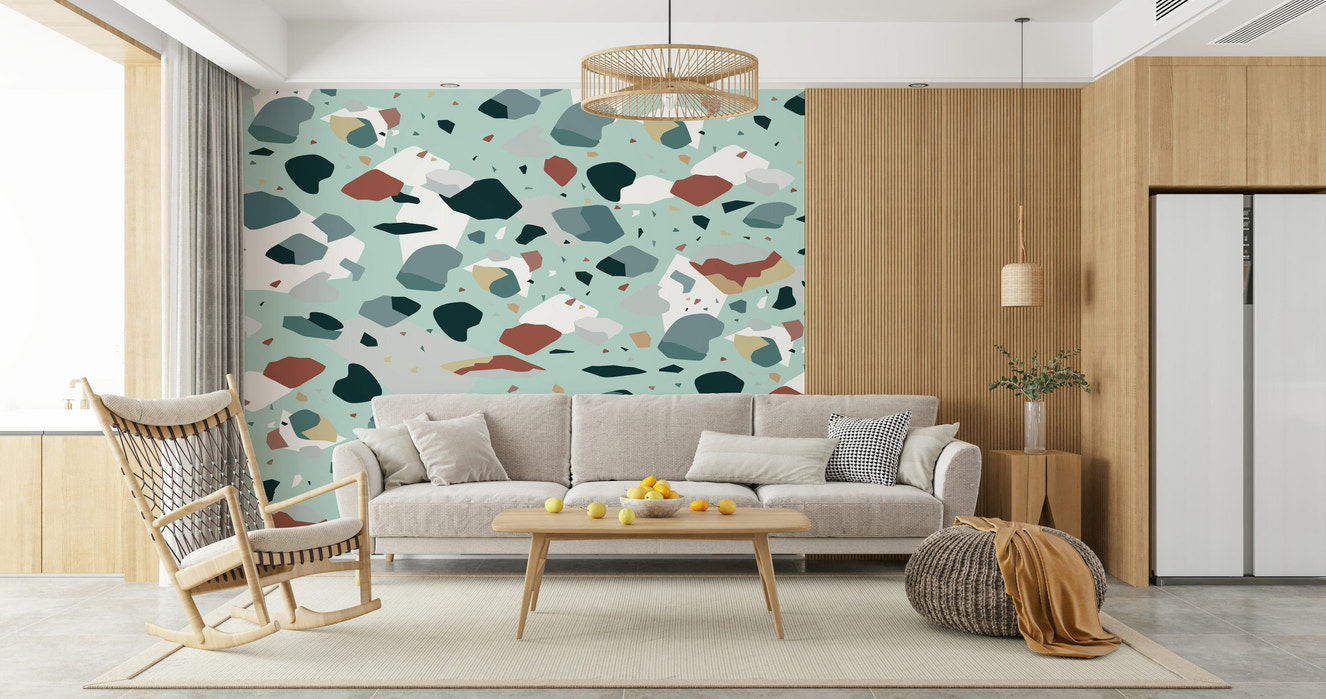 A beautiful abstract fragmented wallpaper mural with geometric shapes.