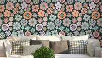 Hand Drawn Garden Flowers Dark Teal Wallpaper.

