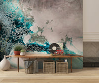 An artistic fluid pattern mural on minimalist wallpaper.