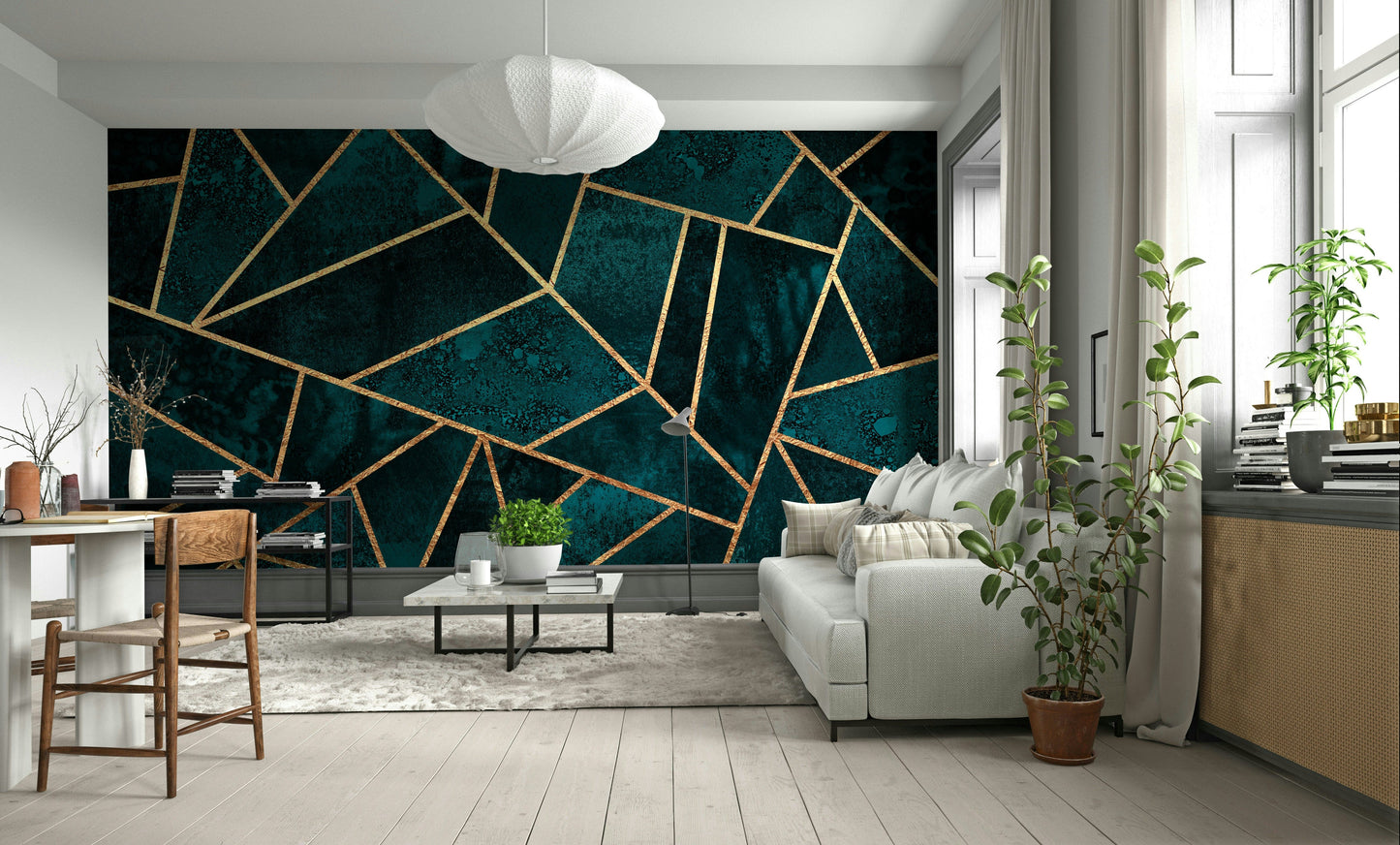 A calming serene geometric wallpaper mural that defines a space.


