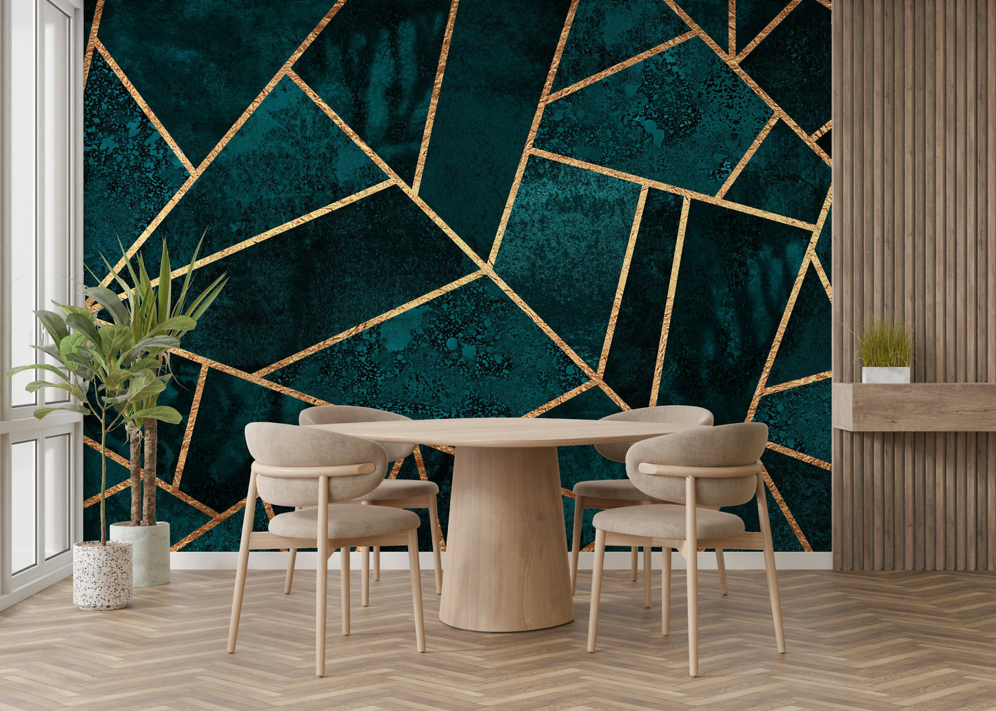 An artistic gold foil mural on minimalist wallpaper.

