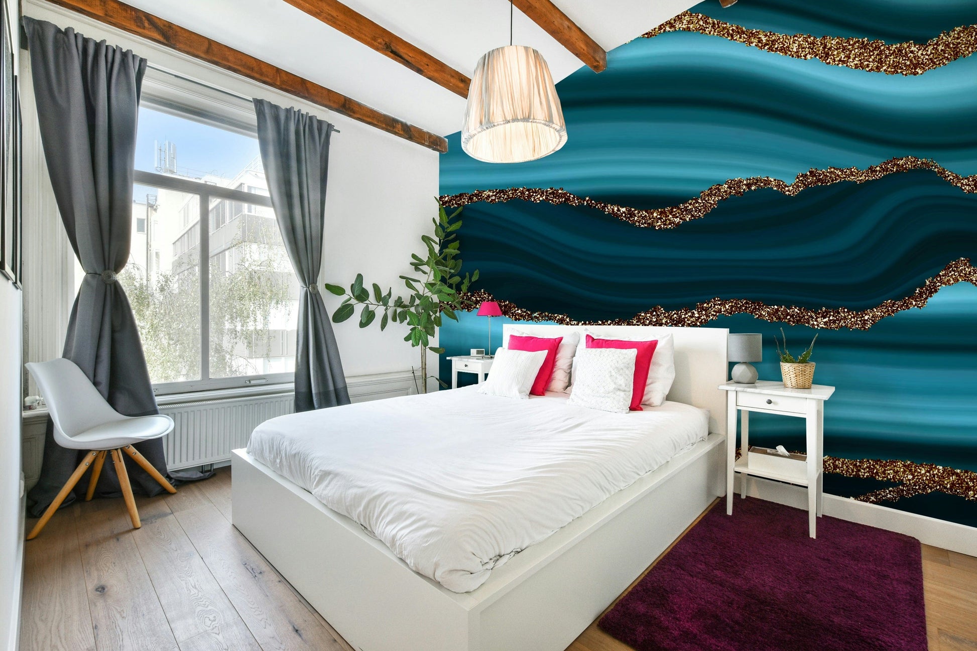 The mural shows a flowing, artistic river design.

