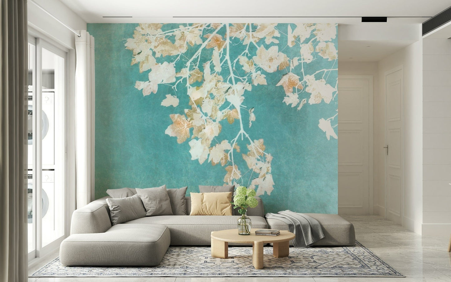 Autumnal branches Teal Leaf Whispers textured turquoise wallpaper mural art.