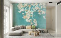 Autumnal branches Teal Leaf Whispers textured turquoise wallpaper mural art.