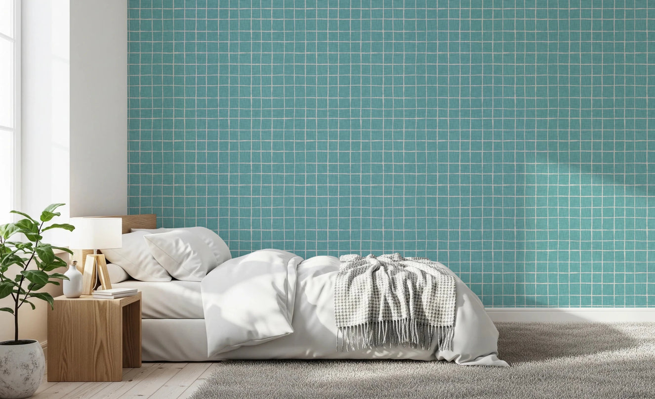 Teal Linen Grid Wallpaper⁠