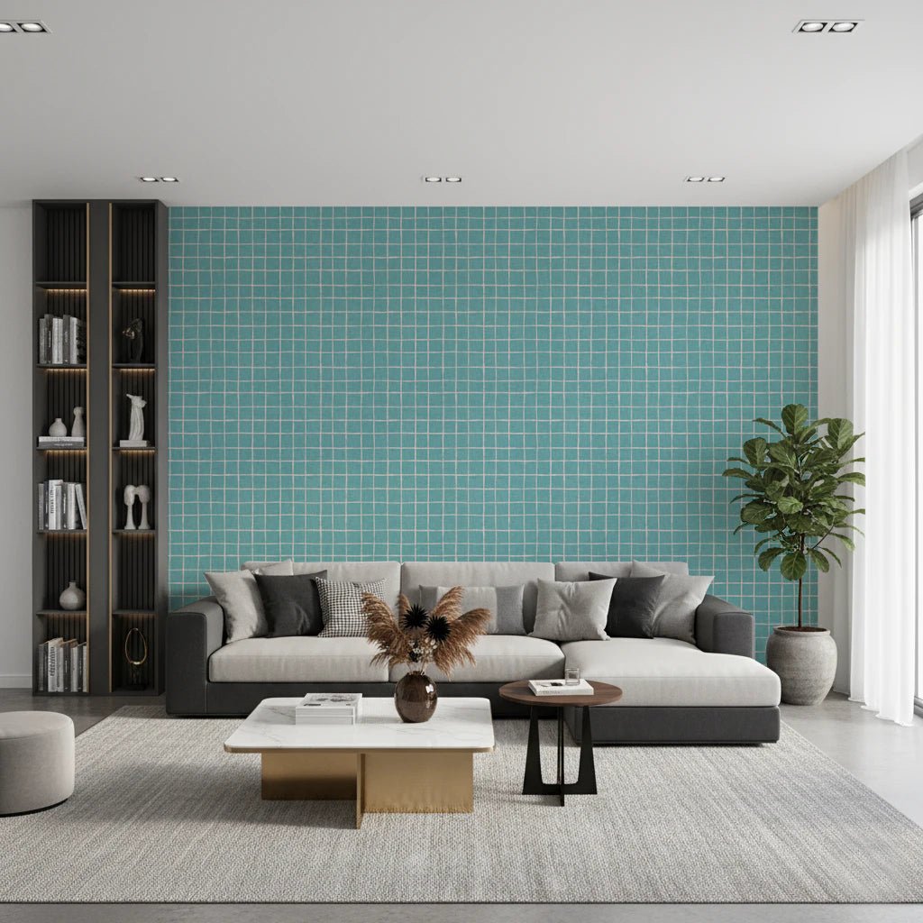 Teal Linen Grid Wallpaper⁠