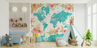 Teal world map wall mural with artistic flair

