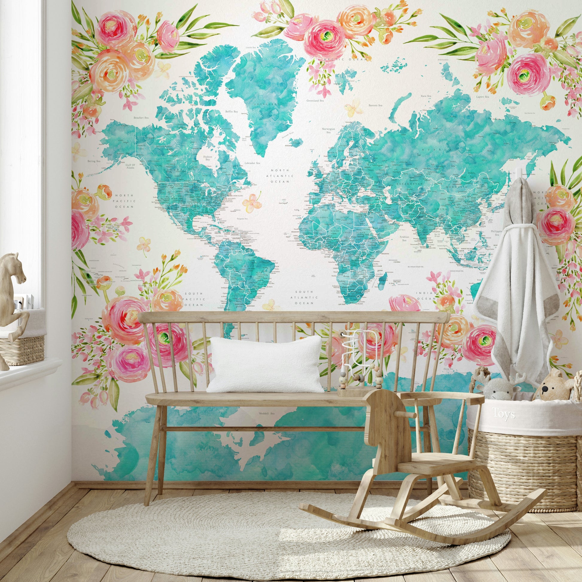 Teal-toned global map mural for modern spaces

