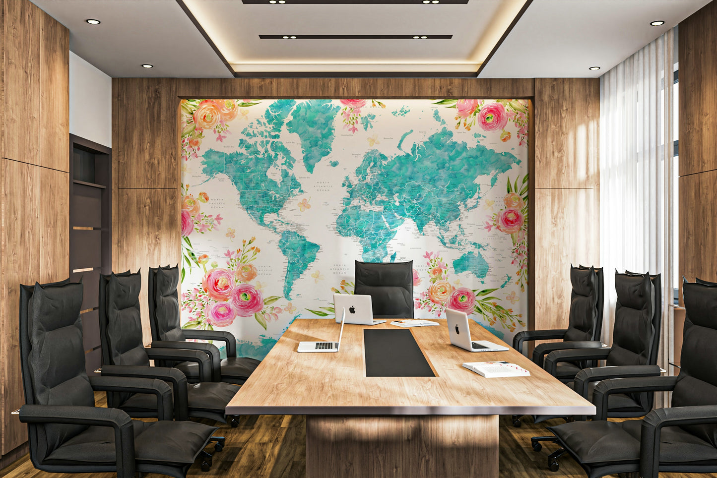 Soft teal world map wallpaper for offices and bedrooms

