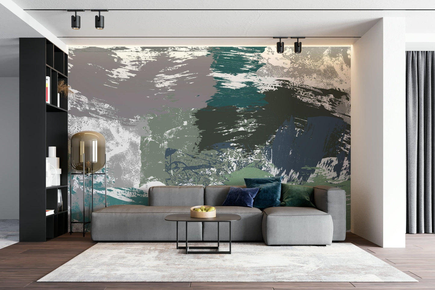 A peaceful natural marble mural on decorative wallpaper.

