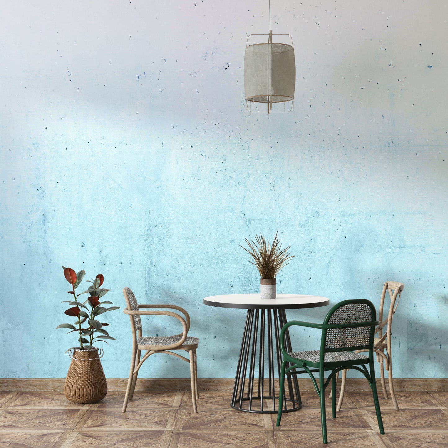 Wall mural with a teal ombre on a concrete texture.

