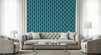 Unique Retro Waves Teal wallcovering curvy lines art.