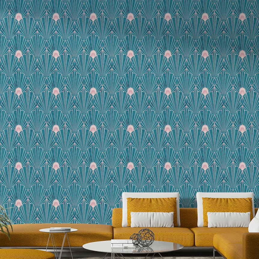 Radiant Art Deco pattern in teal and blush metallics

